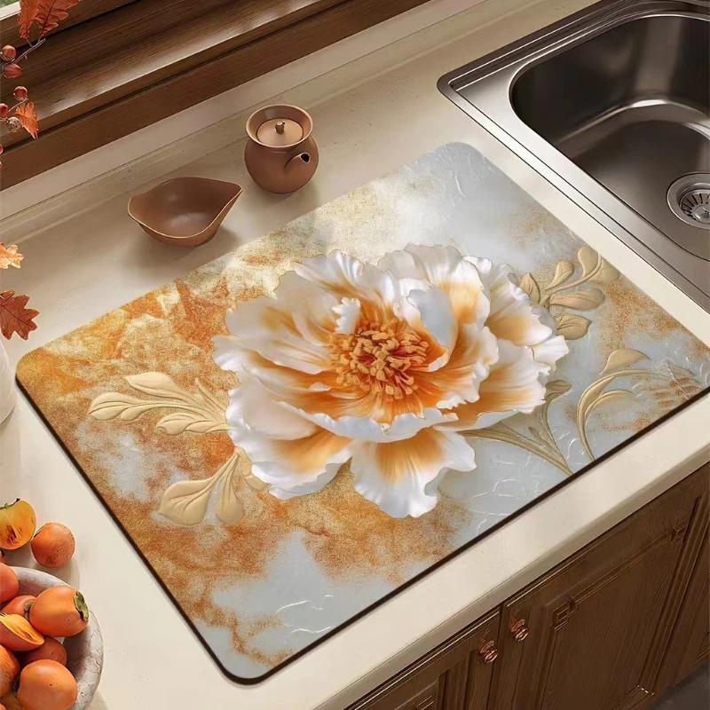 

3D Fresh Flower Pattern Absorbent Tableware Dish Drying Mat Kitchen Bottle Anti-slip Rug Luxury Kettle Dinnerware Counter Tool