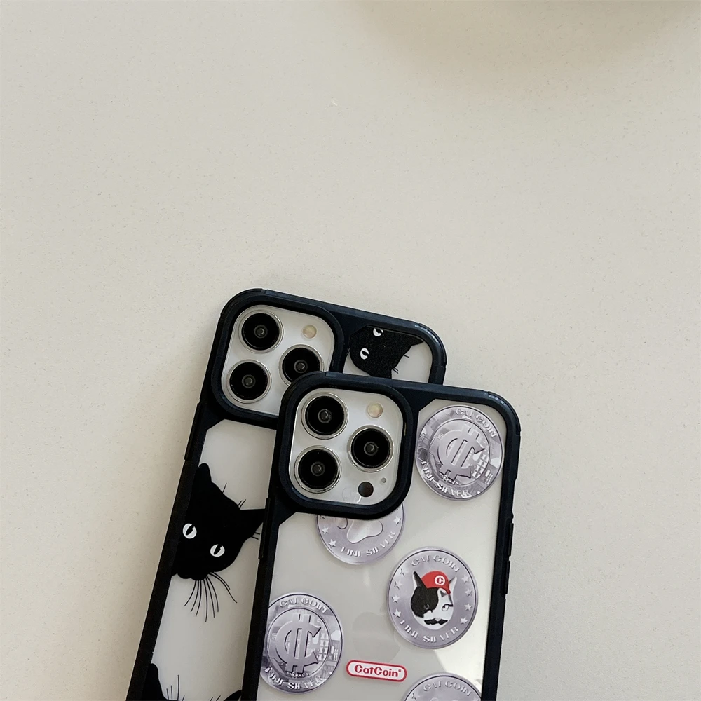 For iPhone 16 15 14 13 12 Pro Max Funny Coin Cat Armor Case 11 X XR XS Max 12 13 Mini Clear Shockproof Case 14 15 Plus