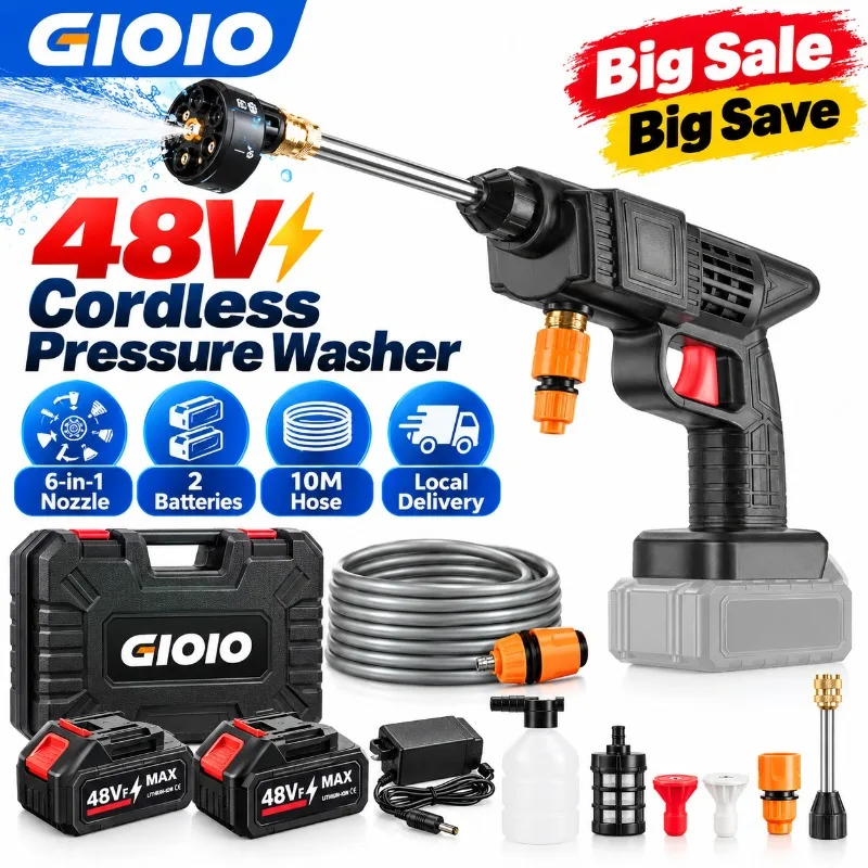 Idropulitrice a Batteria GIOIO 48V Senza Fili con Ugello 6 in 1, Tubo da 10M, Autoadescante, Kit per Pulizia Auto, Bici, Giardino, Patio e Esterni