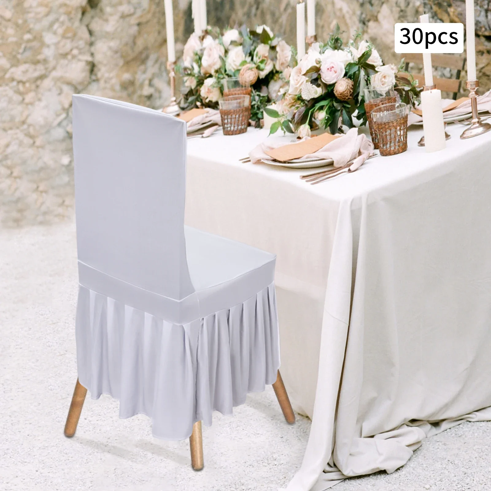 أغطية كراسي قابلة للتمدد مكونة من 30 قطعة، قابلة للغسل في الغسالة ومضادة للبهتان/التجاعيد، تصميم تنورة مكشكشة أنيقة لحفلات الزفاف/الولائم