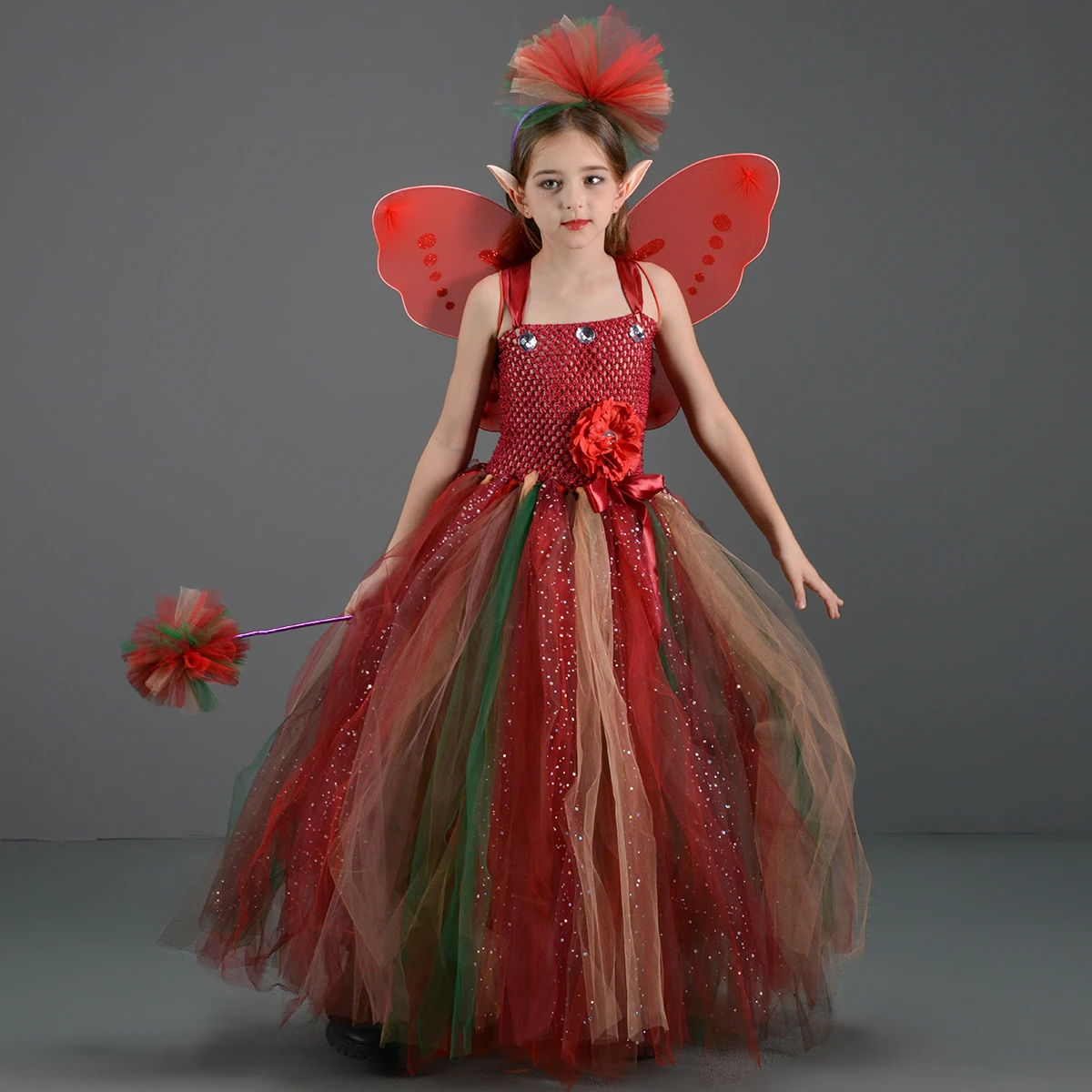 Fall Woodland Fairy Tutu Dress for Girls Birthday Party Dresses Ball Gown Kids Forest Fairy Princess Costume with Butterfly Wing