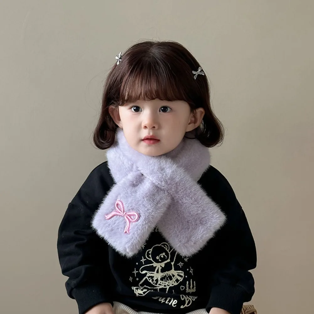 Süßer einfarbiger Schal mit Schleife, koreanischer Stil, warmer Kinder-Plüschschal, lässig, winddicht, Kinder-Kreuzschals, Geschenke