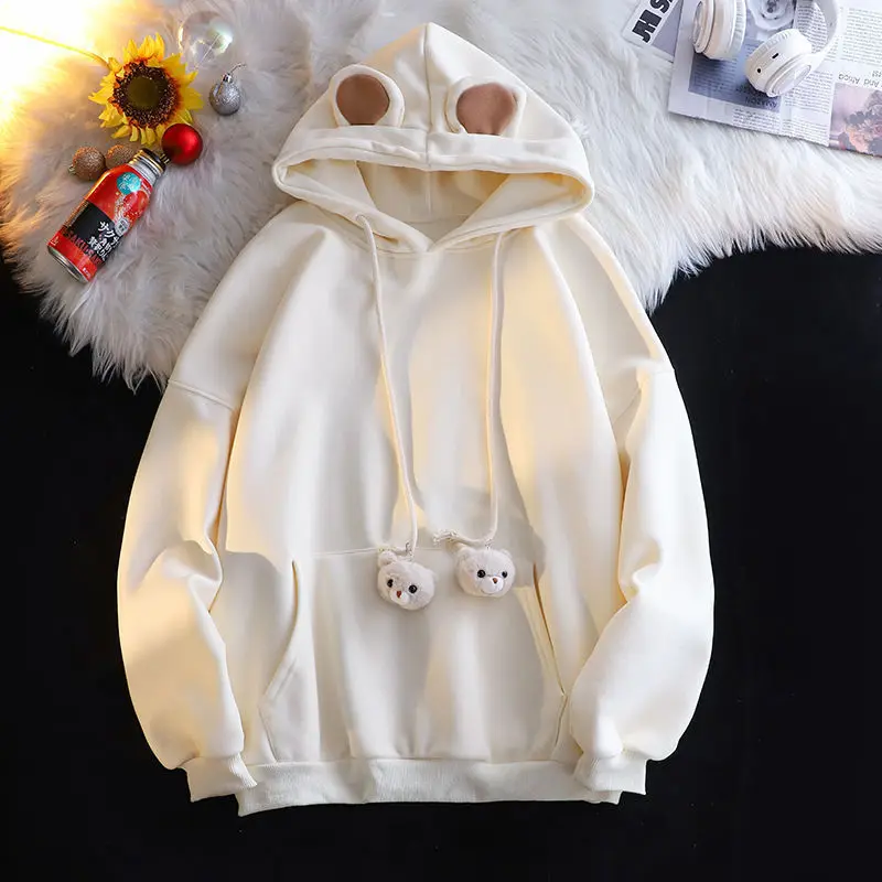 Harajuku Kawaii Bear Ears Hooded Sweatshirt Drop Sleeve Solid Hoodies Velvet Thick Casual Outwear Kawaii Girls Pullover Clothes