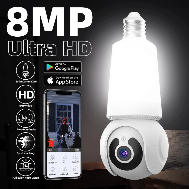 8MP E27 Bulb Camera Wifi Surveillance With LED Bulb CCTV PTZ AI Tracking Two-way Audio Night Vision 10X Zoom Wireless Cam 2 in 1