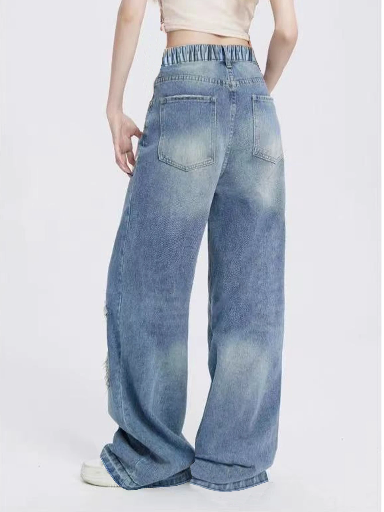 

Vintage-washed black loose straight-leg casual long flared jeans for schoolgirls
