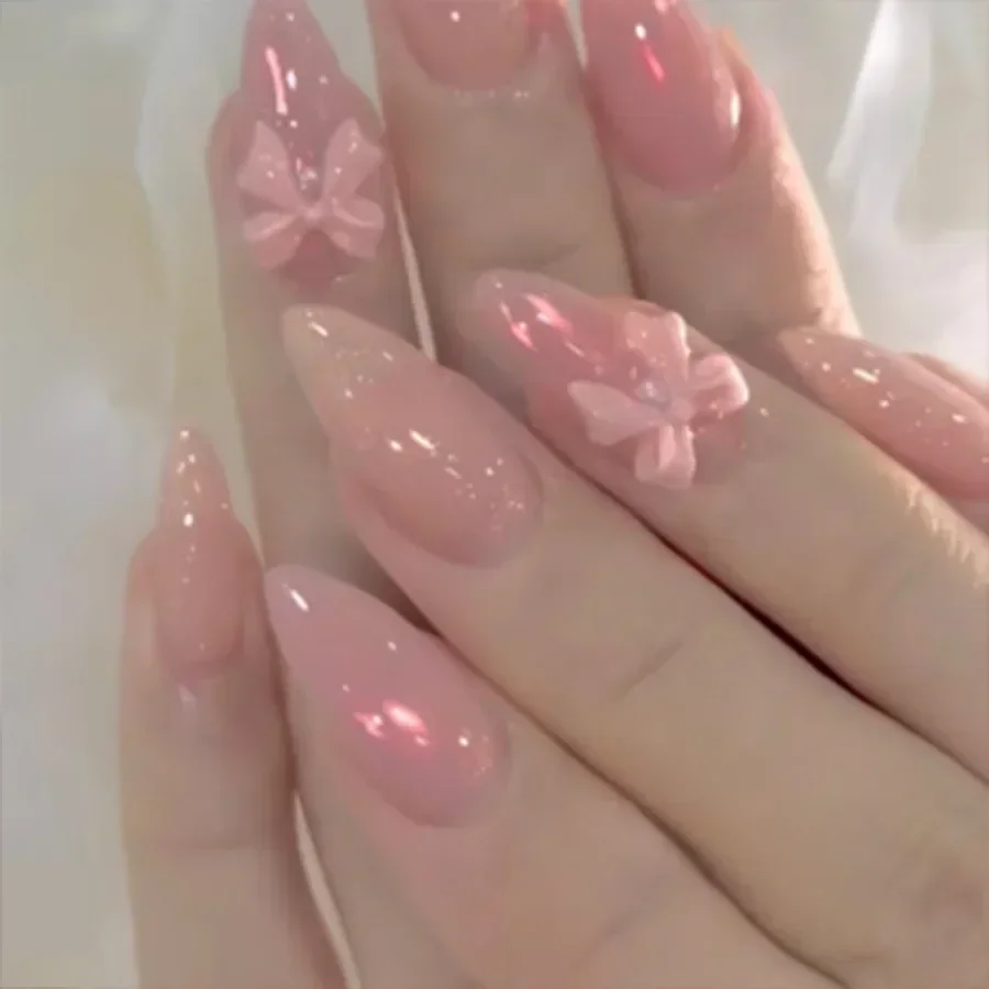 아몬드 헤드 보우 다이아몬드 스틱이있는 손톱에 24Pcs 고양이 눈 프레스 거짓 손톱에 달콤한 핑크 프렌치 풀 커버 인공 손톱 팁