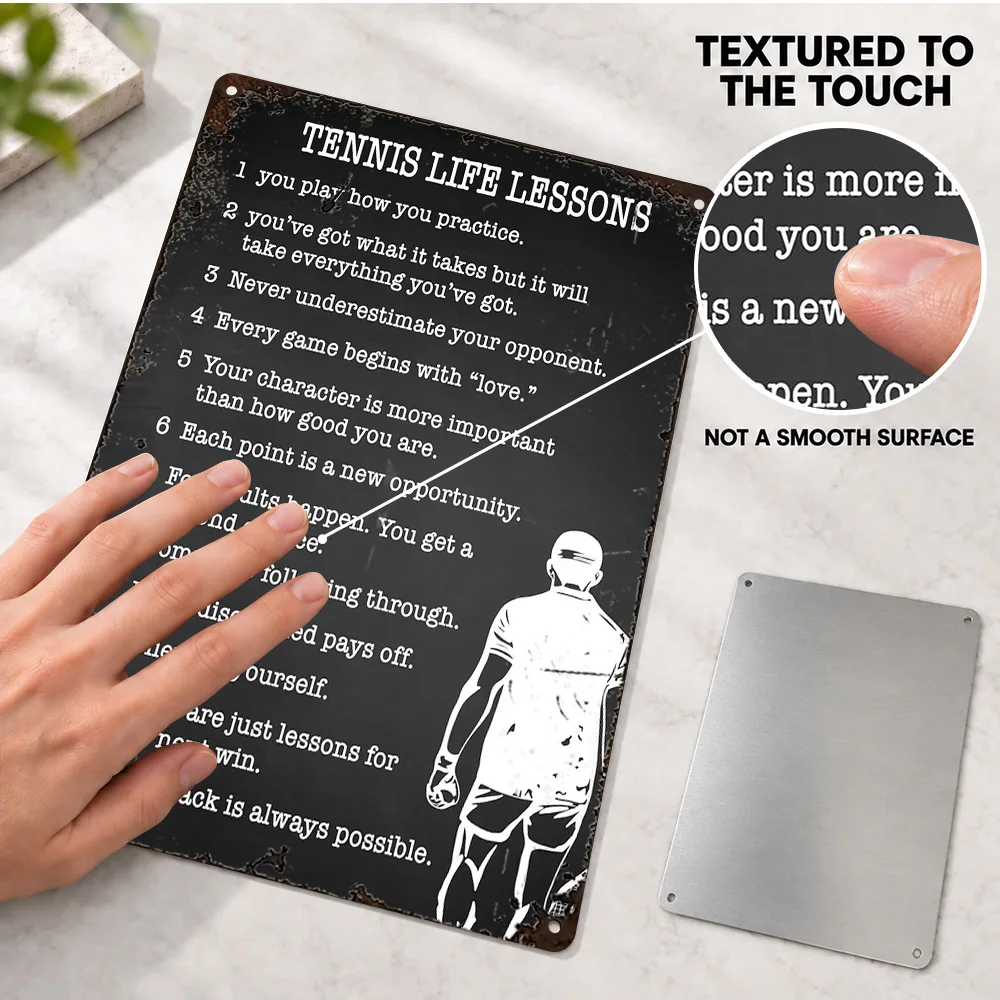 Tennis Life Lessons With Player Printed Poster Personalized Aluminum Metal Sign Motivational Lettering Wall Art For Club Lounge