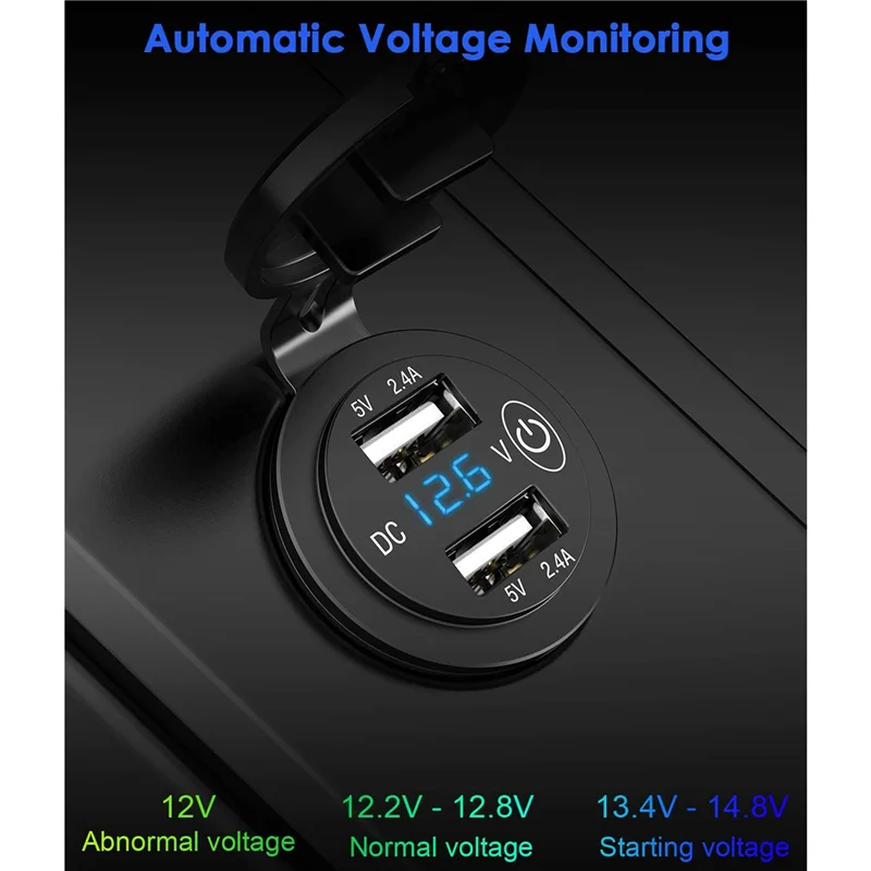 2X 12V USB Outlet, Waterproof 12V/24V 24W 4.8A Dual USB Charger Socket Power Outlet Adapter With LED Voltmeter Switch-ABJU