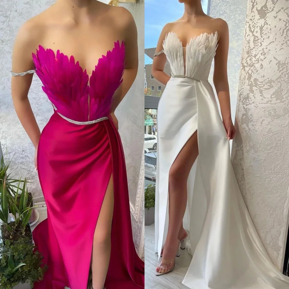 

Customized Prom Dresses Retro Fashion Sweetheart Asymmetrical Feathers Satin Formal Occasion Gown Vestido De F