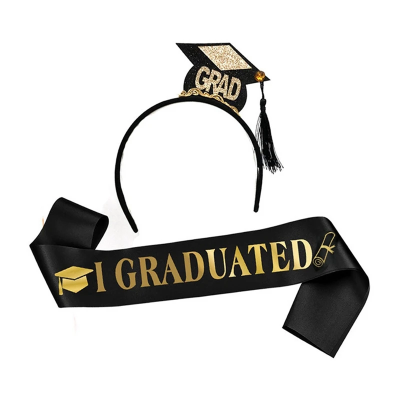 FULL-1Set Grad Cap Headband Graduated Satin Sash 2024 Graduation Party Decoration Supplies Photo Props Mini Bachelor Hat