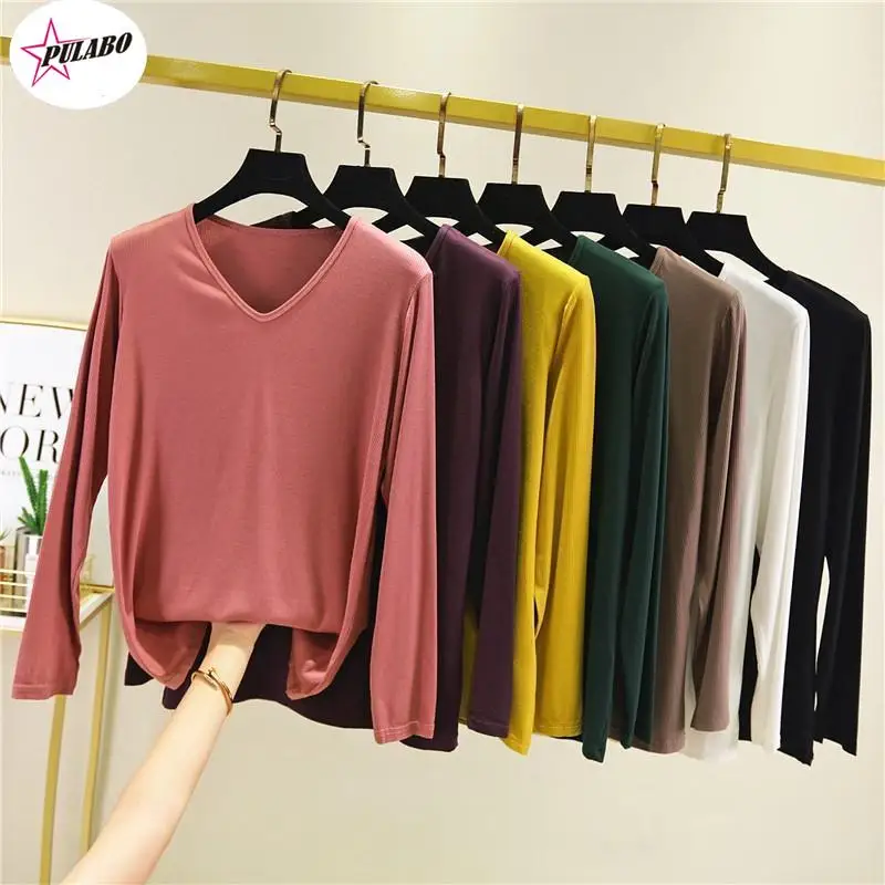 PULABO Modal V-neck Long-Sleeved T Shirt Women's Autumn y2k All-match Shirt Solid Color Slim T-Shirts Tees Tops y2k