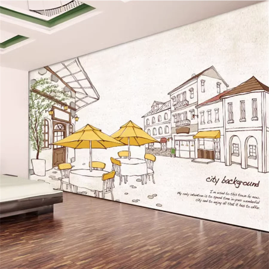 Customized wallpaper 3D hand drawn city street view wallpaper restaurant coffee shop living room bar wallpaper European KTV обои