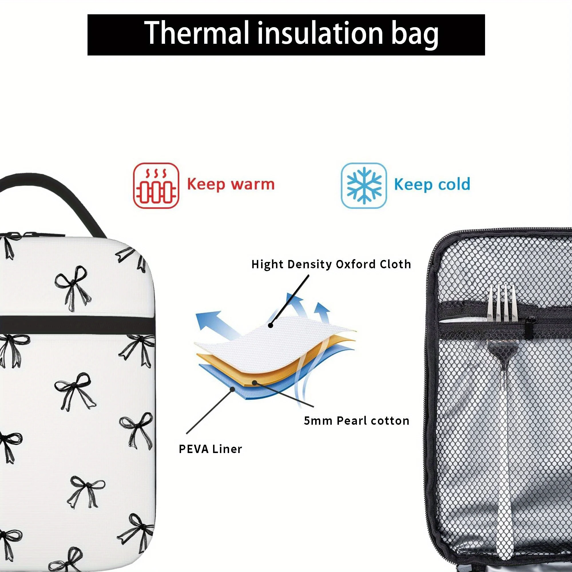 Hand-Drawn Bow Print Insulated Thermal Bag - Reusable, Portable, No-Food Contact, Ideal for Home, Office, Restaurant Use