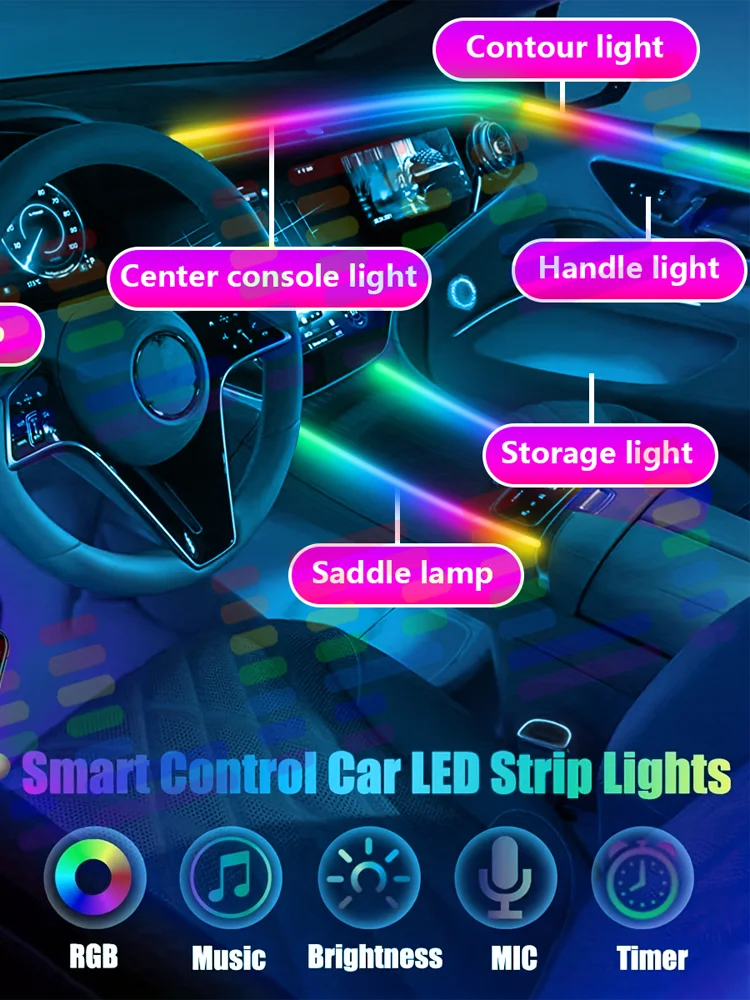 For Volkswagen Polo Car Interior Mood Ambient Light RGB 64-Color Kit Hidden Acrylic Strip Symphony Atmosphere Lamp