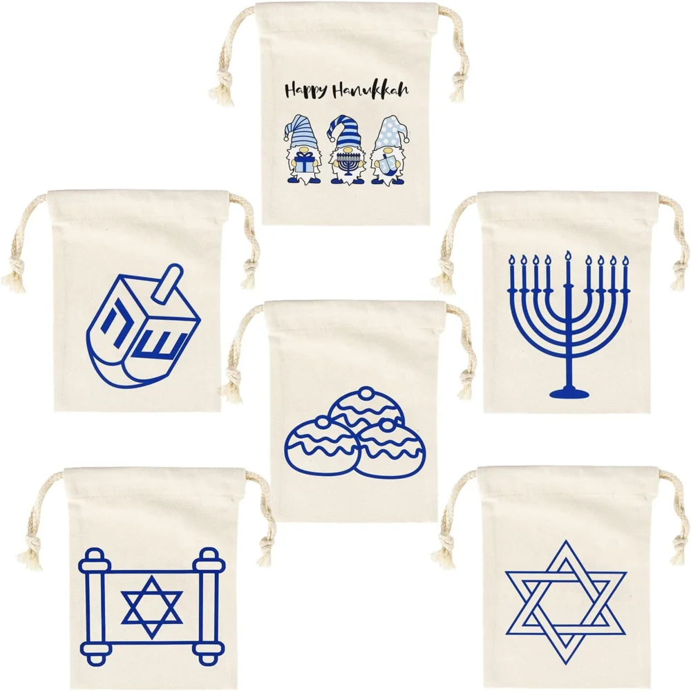 5Pcs 5X7 IN Hanukkah Gift Bags Drawstring Gift Bags for Menorah Theme Party Supplies Chanukah Gift Bags Decorations New Year