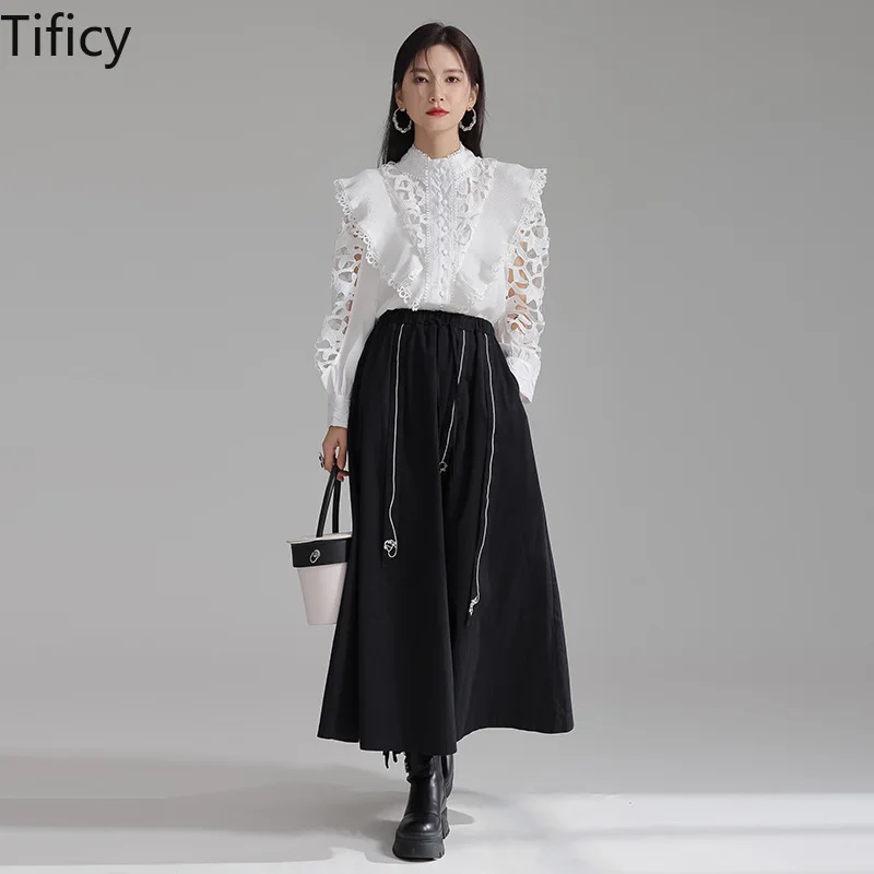 TIFICY 2024 Nieuwe Hof Stijl Franse Geborduurde Cut-out Shirt Vrouwen in Vroege Lente Lange Mouw Hellow Out shirts Tops