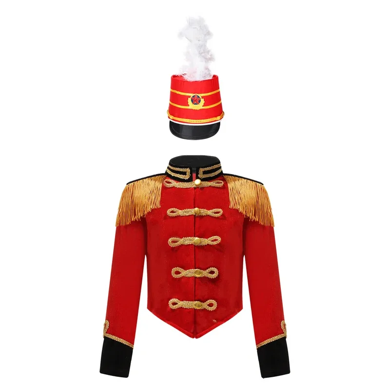 Kids Boys Girls Halloween Circus Ringmaster Costume Drummer Major Marching Band Uniforms with Soldier Hat