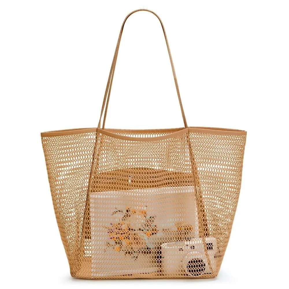 Portable Nylon Mesh Tote Bag Black Khaki Pink Large Capacity Shoulder Bags Lightweight Beach Handbags for Summer
