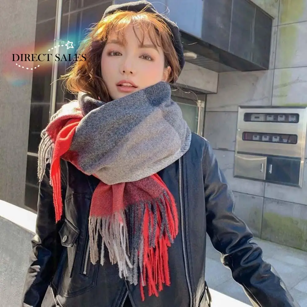 

Large Wool Classic Plaid Scarf Polyester Cold-proof Knitted Wool Scarf Soft Contrast Color Long Neckscarf with Tassel Winter