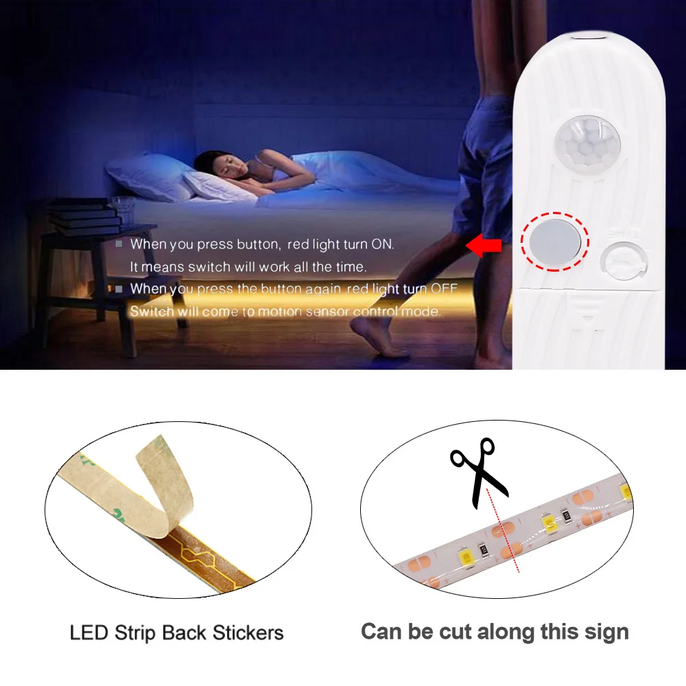 5V Battery Power Motion Sensor LED Strip Light Waterproof 2835 60 LEDs Ribbon Diode Tape Cabinet/Bookcase/Closet Lamp 9 Colors