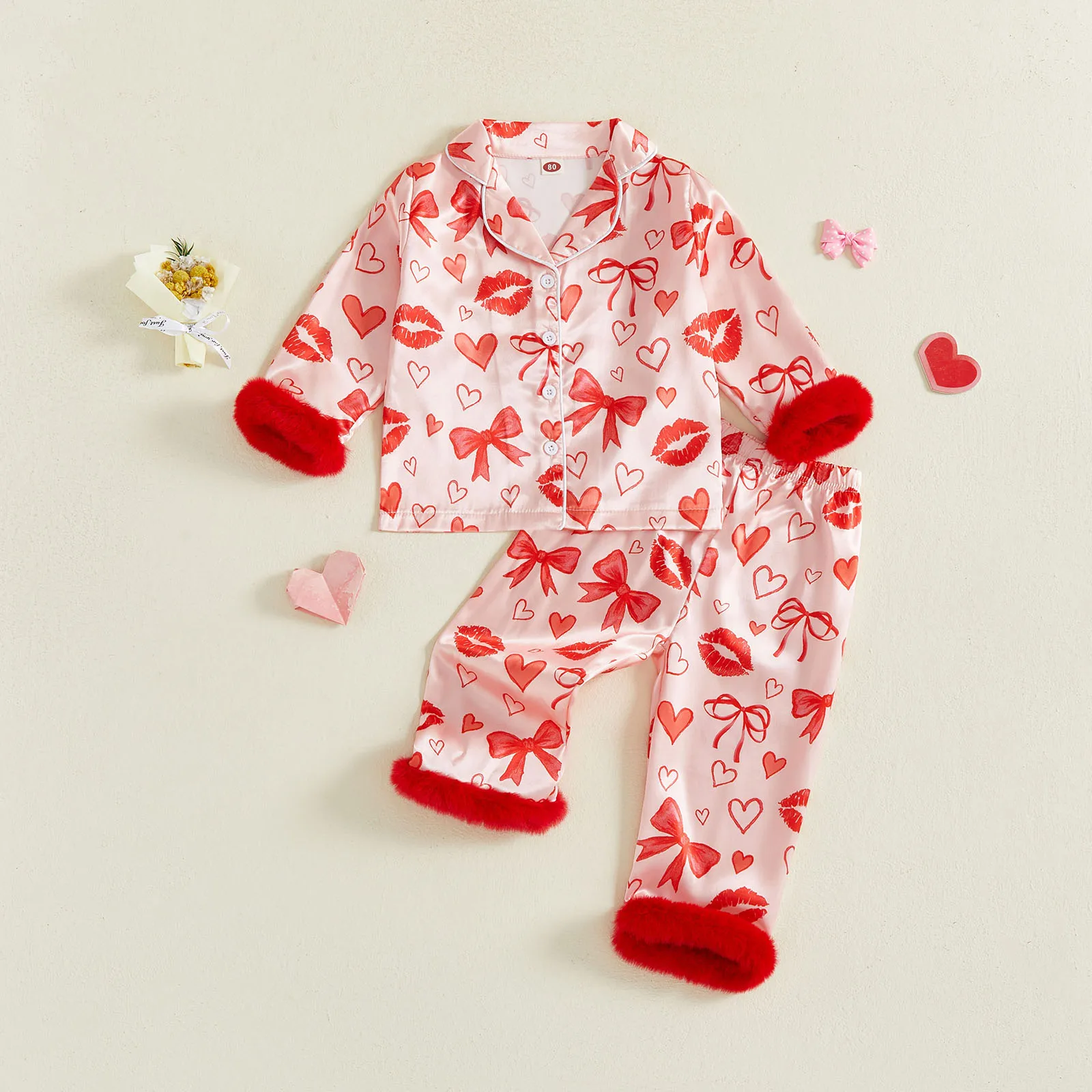 1-7Y طفل فتاة صغيرة عيد الحب منامة مجموعة طباعة الفراء تقليم زر أسفل التلبيب الخامس الرقبة طويلة الأكمام قميص بلايز السراويل Homewear