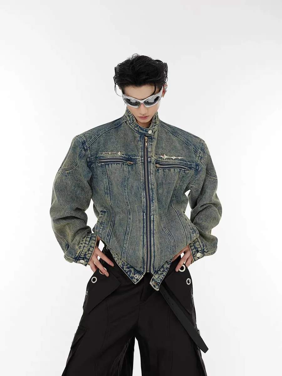 

Retro American Waed oulder Pad ort Splicing Jeans Jaet Trendy Metal Design Collarl Jaet for Men Spring Autumn