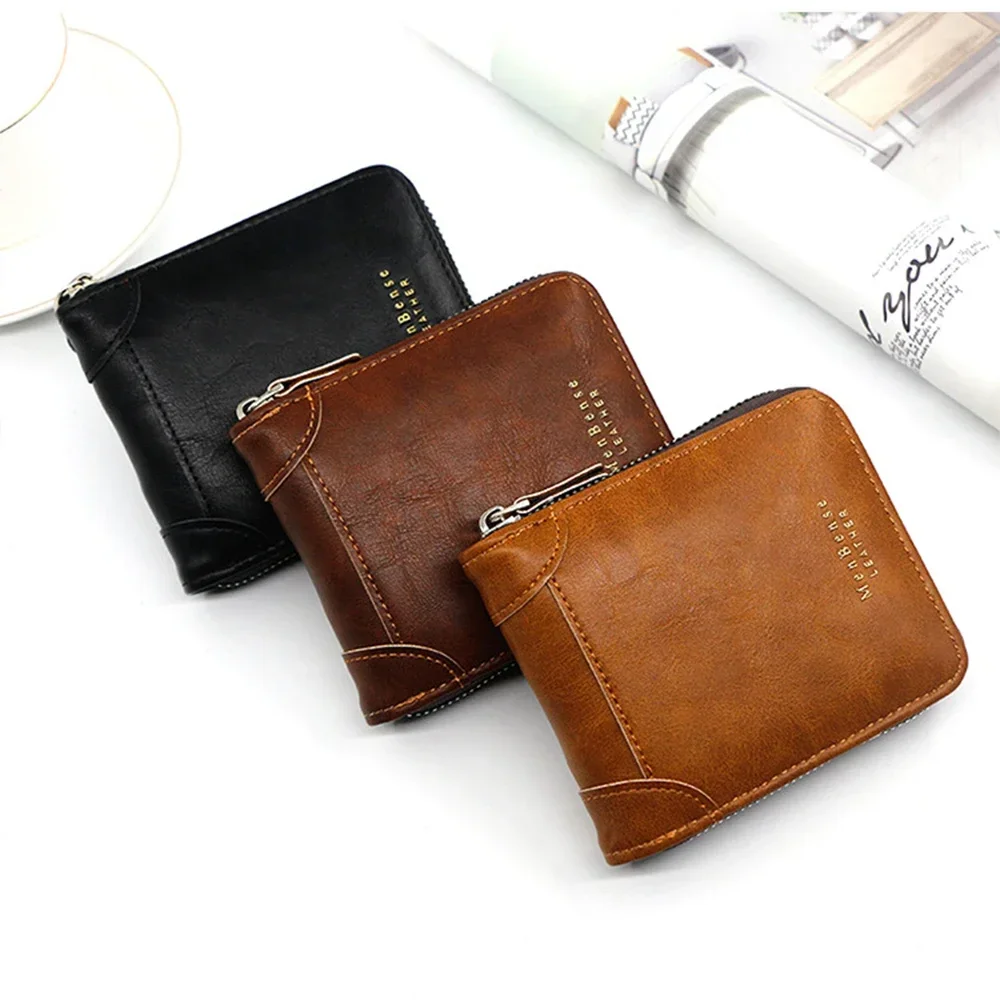 

New Vintage Short Mens Wallet High Quality Business Purses Retro Small Leather Wallet Men Luxury Card Holder Zipper Coin Purs