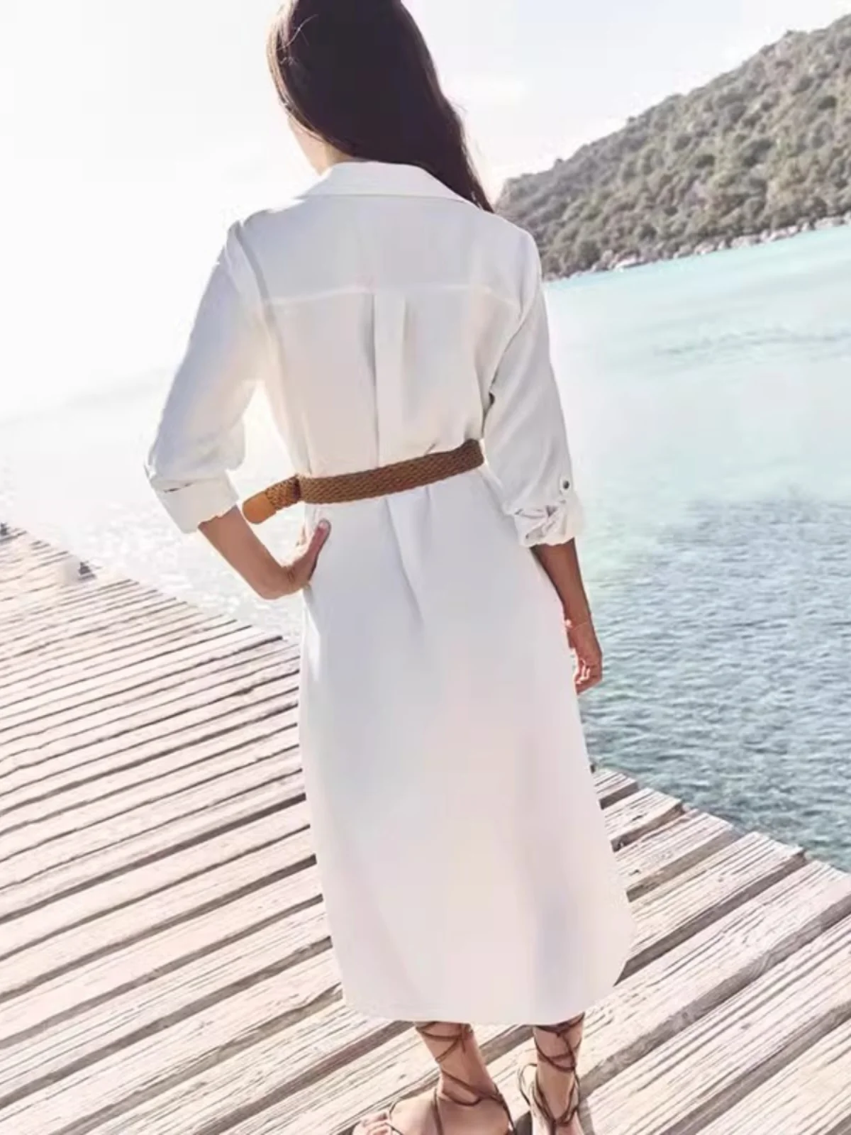 Vestido csa casual e com cinto outono nova chegada moda fena estilo de rua manga longa gola flip outro material