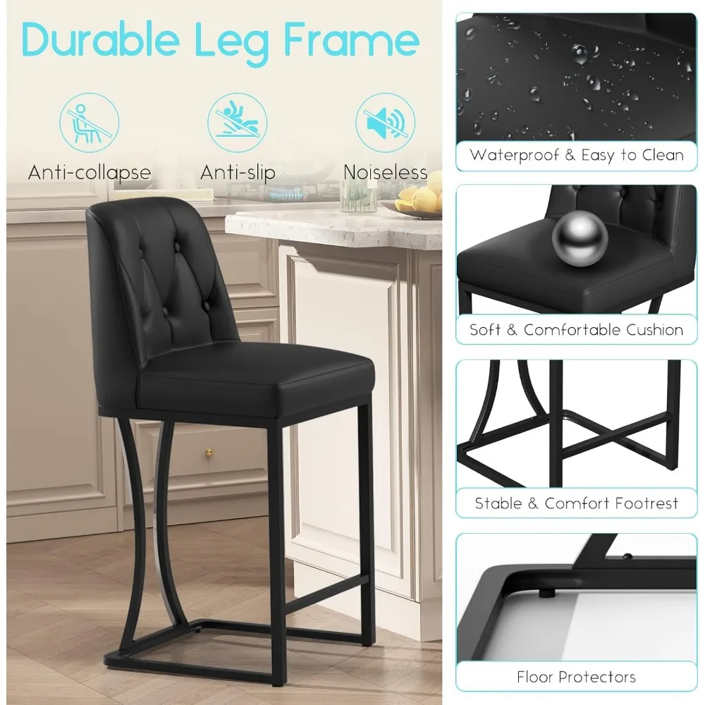 Black Counter Height Bar Stools Counter Stools Pu Leather Modern Bar Chairs with Back for Kitchen Island