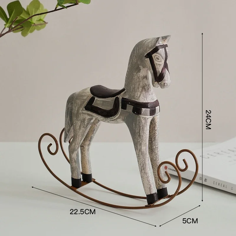 Nordic Retro Wooden Rocking Horse Ornaments Cute Animal Figurine Desktop Crafts Baby Shower Kids Birthday Gift DIY Home Decor