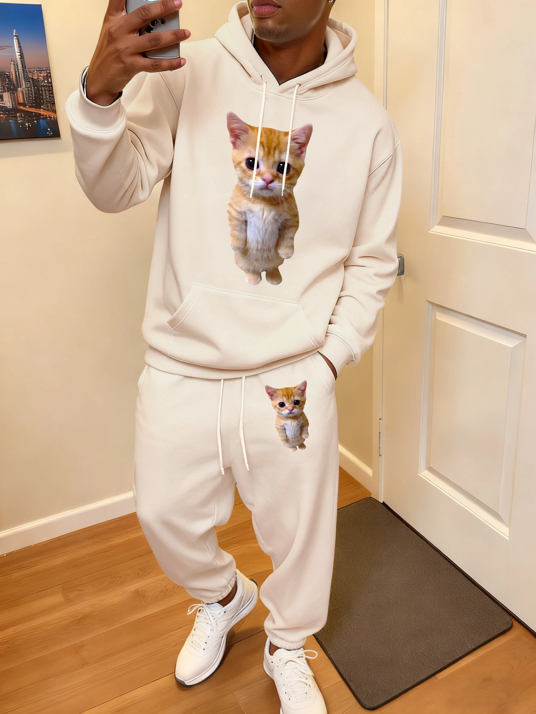 

Cute Aggrieved Cat Pattern Mens Hoodie Set Pocket Jogging Pants Comfortable Soft Sweatshirt Fleece Autumn Sweatpant 2 Piece Sets