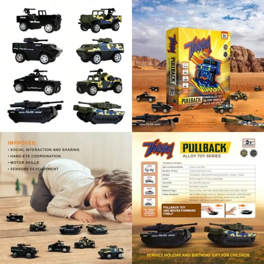 

8 Pack Diecast Military Vehicle Set, Camo Tanks & SWAT Humvee APC Toys