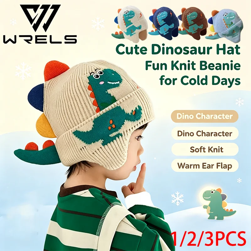 1/2/3PCS Winter Warm Kids Hat Cute Earflap Windproof Outdoor Ear Protection Children Dinosaur Cartoon Earmuffs Thick Beanie Cap