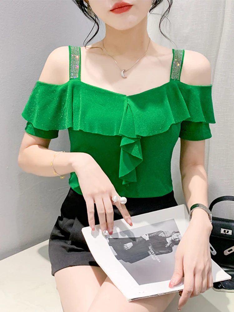 Elegant Lace Trim Short Sleeve T-Shirt Women Summer Sexy One Shoulder Tight Slimming Mesh Small Shirt Korean Style Commute