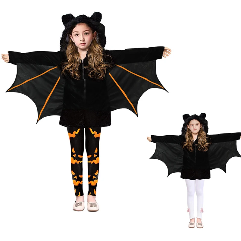 Puño de murciélago negro y naranja con sombrero y capa para niña, disfraz de vampiro negro corto, adecuado para Cosplay, fiesta de Halloween