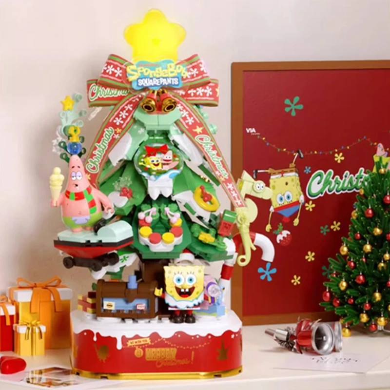 SEMBO Spongebob Bausteine Weihnachtsgeschenk Weihnachtsbaum Spieluhr zusammengebautes Kinderspielzeug Krusty Krab Modell Ornamente