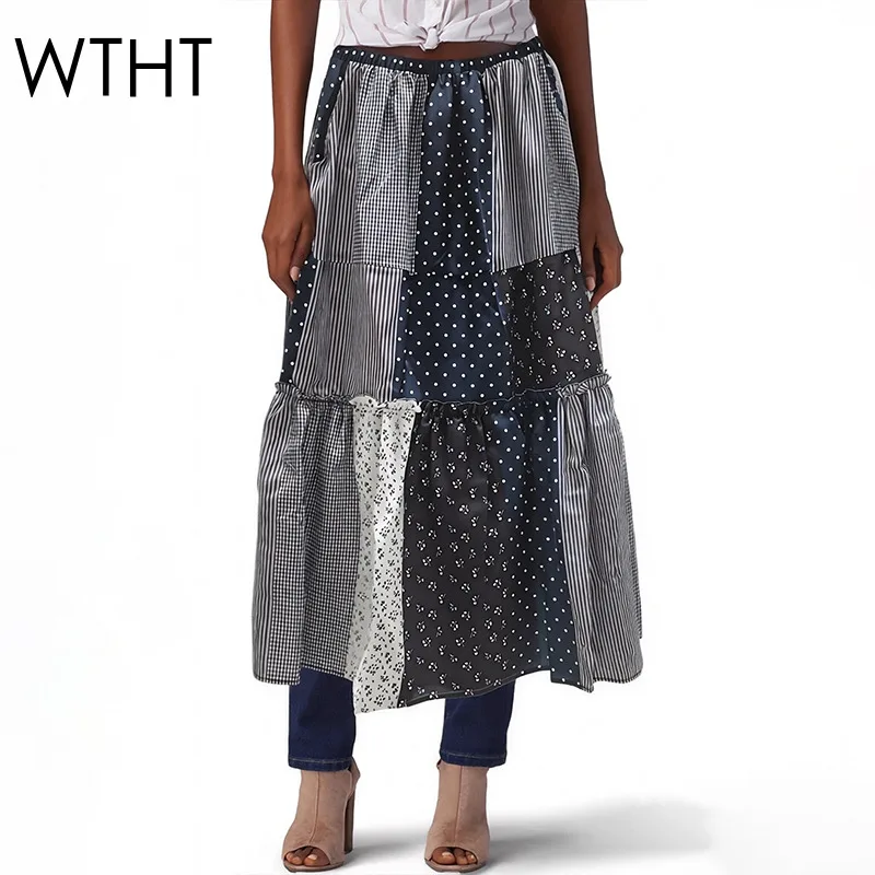 

WTHT Vintage The Summer Of 2026 Women Patchwork Plaid Loose Long Skirt Trendy A-line High-waisted Frills Skirts Female 1LS3049
