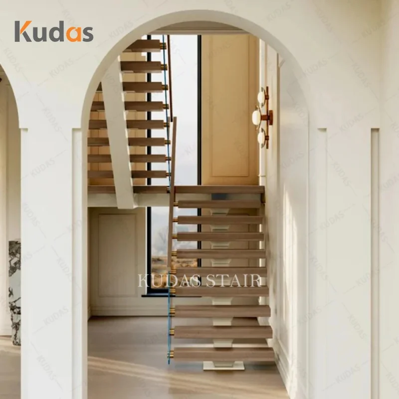custom.Modern Glass Railing Wooden Mono Stringer Staircase Customizable Metal Floating Stairs Luxury Home Interior Des