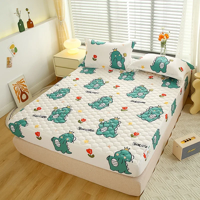 Cartoon Quilted Fitted Sheet Set,Cute Dinosaur Bed Mattress Cover, Soft Breathable Warm Mattress Protector with 11