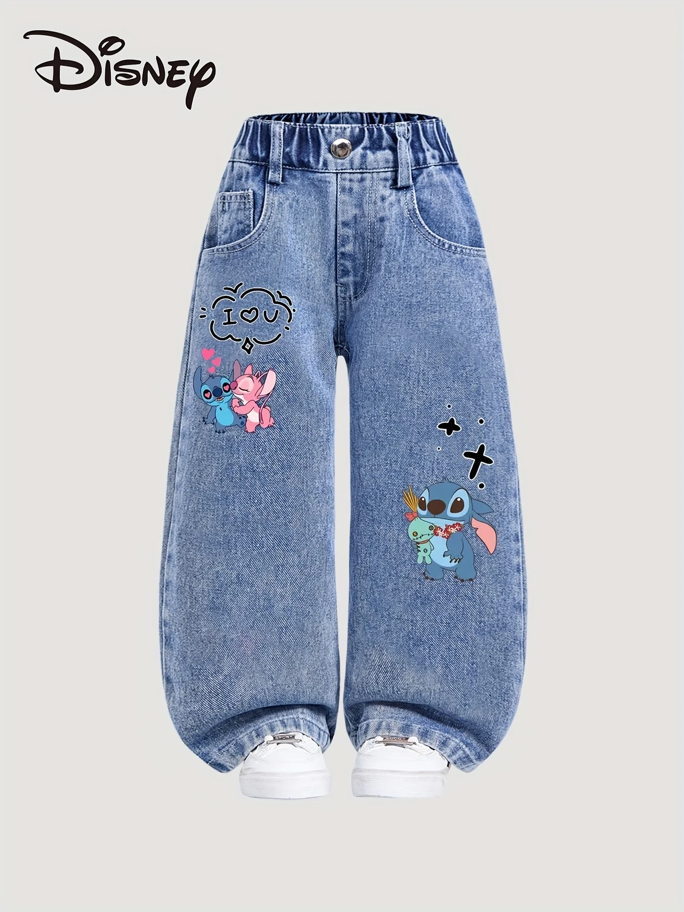 

2026 Disney Stitch Y2K Style Loose Straight Leg Jeans Girls Comfortable Year-Round Pants Full Elastic Waist Front Back Pocket