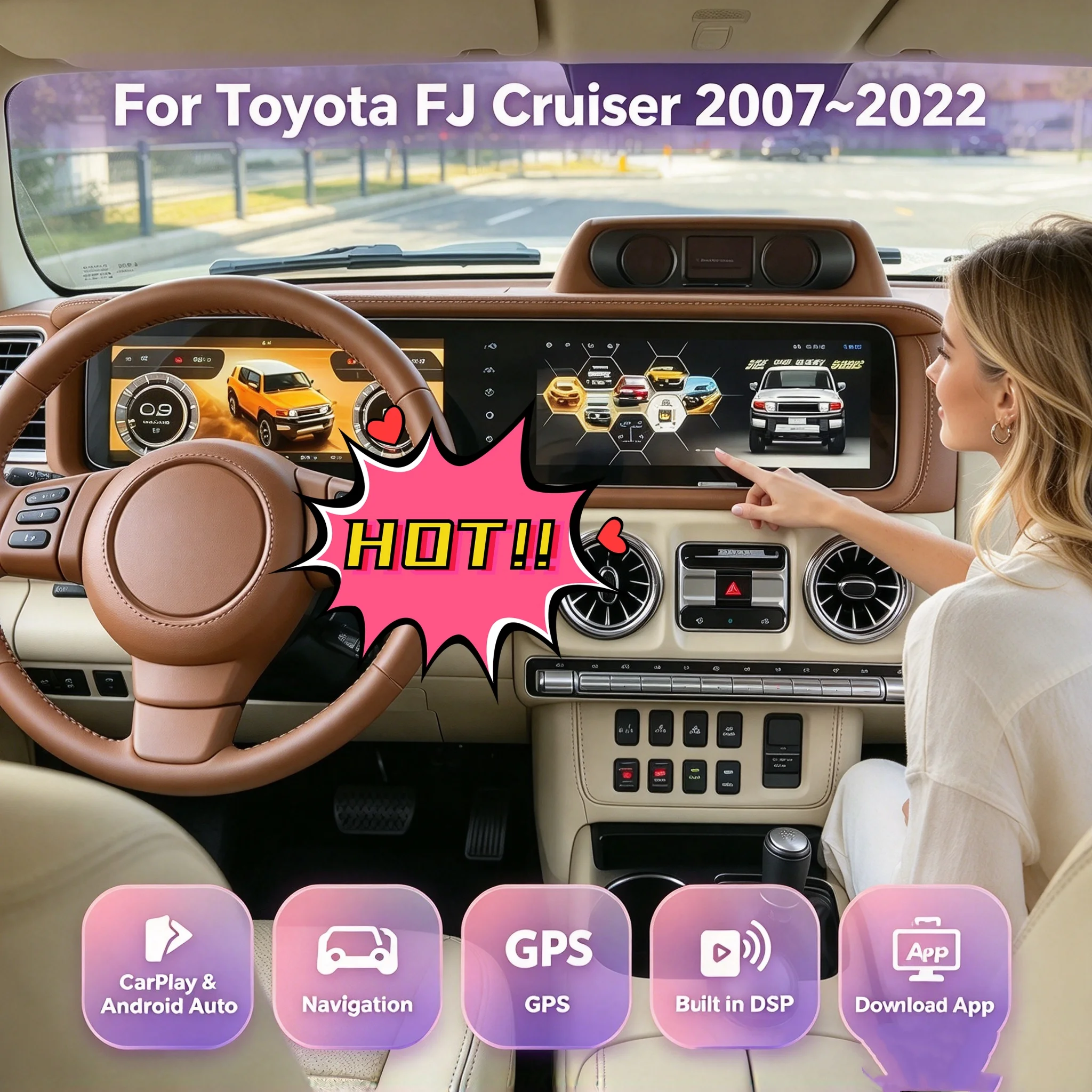R 24.6 Inch Android Auto For Toyota FJ Cruiser 2007~2022 Car armrest fridge GPS Navigation Car Radio Multimedia Stereo Head Unit