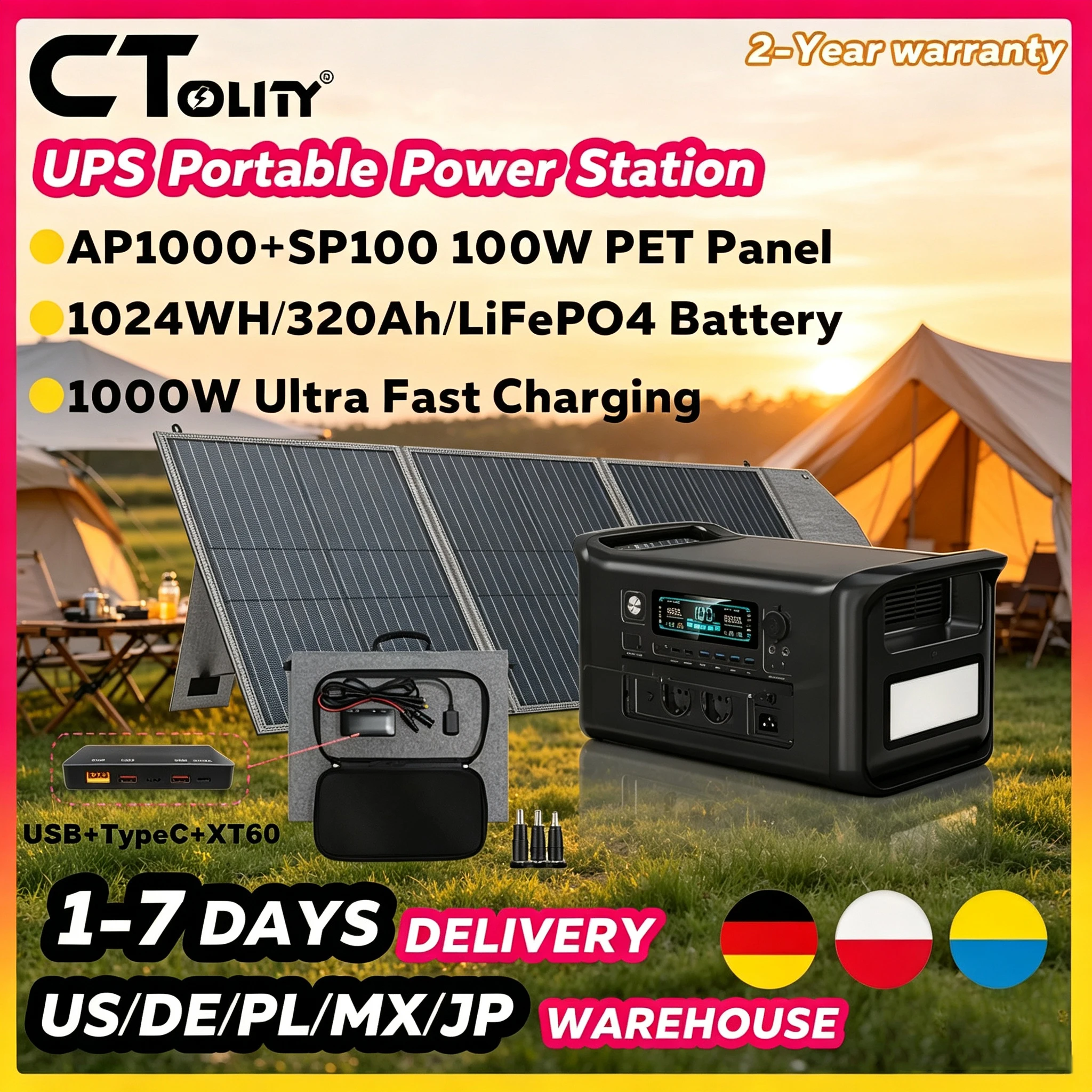 CTOLITY 1800W Tragbares Solar-Generator-Set mit 100W Solarpanel, PCB-Controller, USB Typ-C, XT60, 1024WH LiFePO4-Akku, Reiner Sinuswellen-Wechselrichter, Heim-Backup-Stromversorgung,