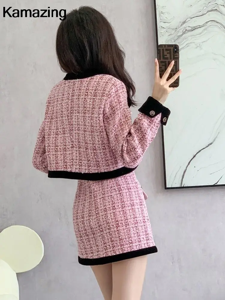 2024 Autumn Winter Tweed Two-Piece Skirt Set Women Short Jacket Coat + Mini Skirt Suits Elegant Korean Fashion Female Outfits