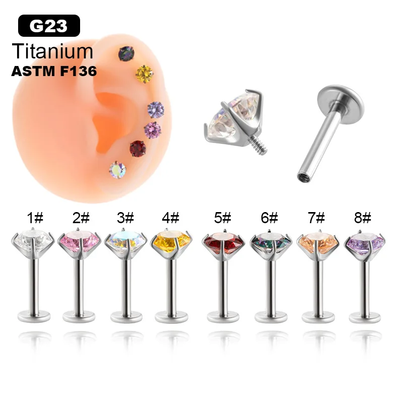 2PC Labret Stud Tragus CZ Crystal G23 Titanium Internally Threaded Flat Back Cartilage Ear Stud Helix Nose Stud Piercing Jewelry