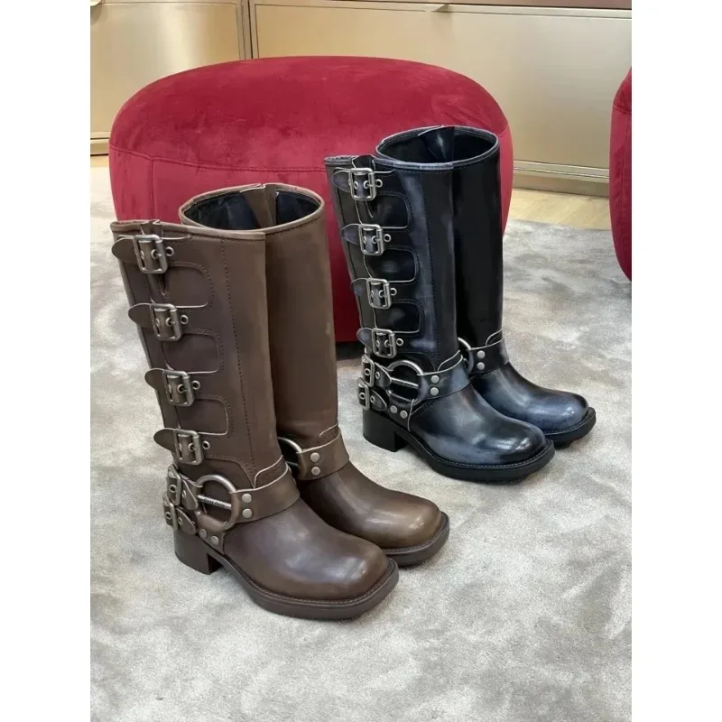 2024 Casual Genuine Leather Thick-heeled Less Than Knee Length Old High-heeled Boots Top Layer Cowhide Knight Boots Women Shoes