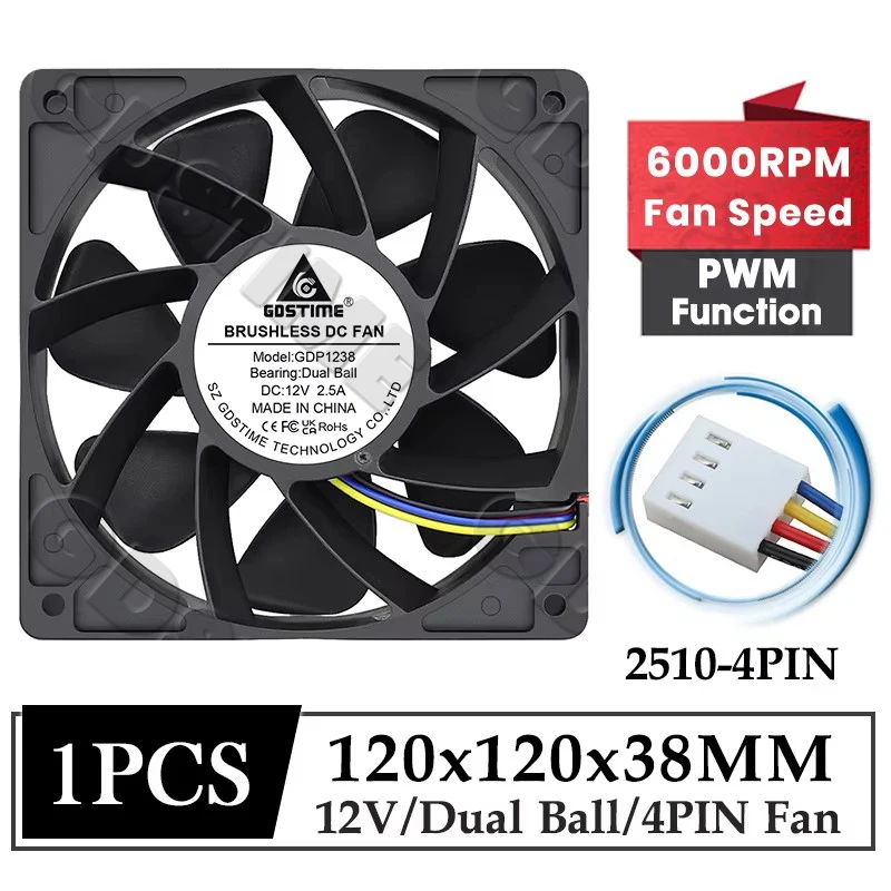 Gdstime 120MM Fan 120mmx38mm PWM Computer PC Case Fans 12038 Dual Ball Bearing High Airflow 12V 4PIN DC Brushless Cooling Fan