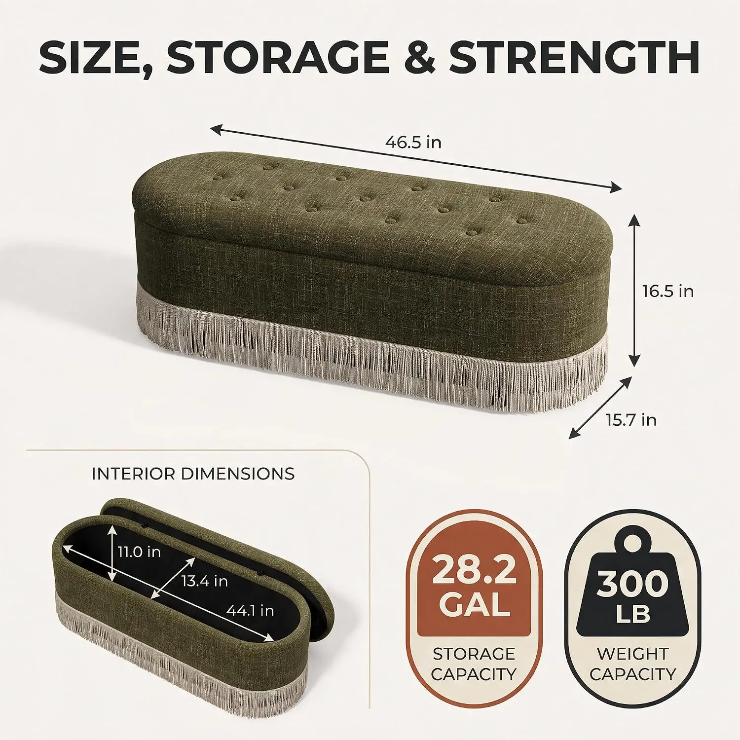 46.5'' Upholstered Storage Ottoman Bench, Removable Lid, Button-Tufted Fabric Seat, Fringe Trim & Solid Wood Frame, Customized