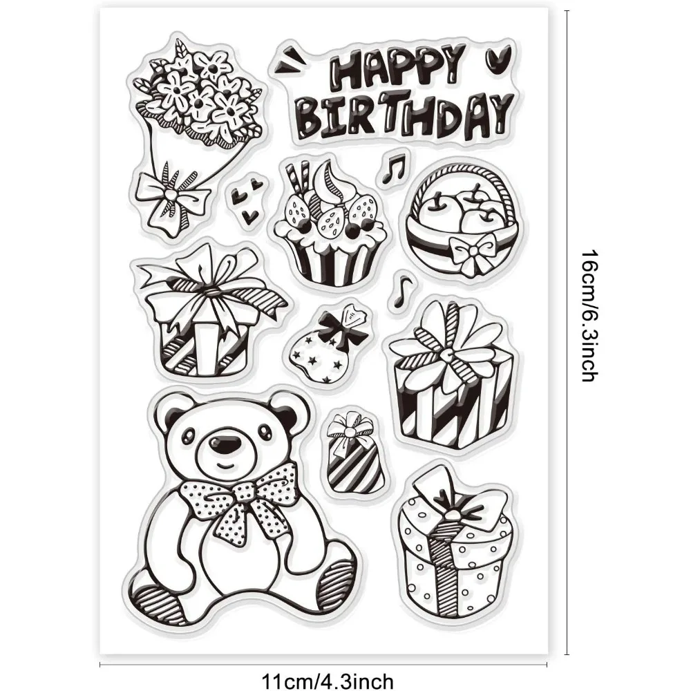 Happy Birthday Clear Stamps Silicone Stamp Cards Cake Gift Bear Flower Blessing Words Clear Stamps for Card Making Decoration