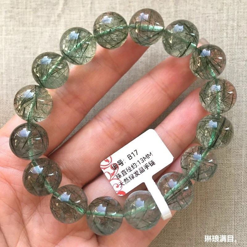 

Brazilian natural old mine bracelet, ice-like smooth texture, unisex green rutilated quartz crystal brace