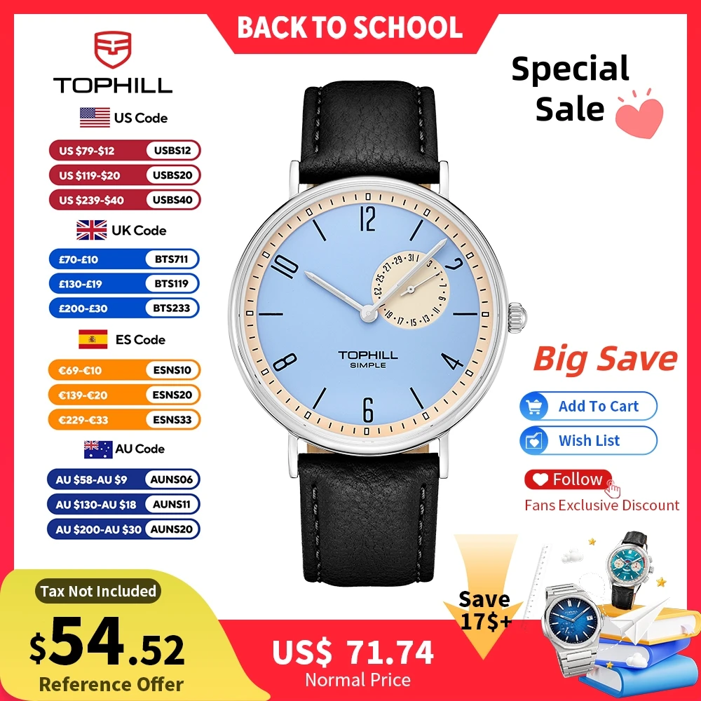 TOPHILL Herren-Quarzuhr, schlichter Stil, 40 mm, VD72, Premium-Lederarmband, flaches Saphirglas, mattes Zifferblatt, 5 Bar, TS016G.C